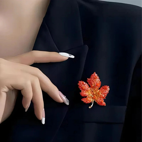 Bria Red Maple Leaf Orange Crystal Brooch - Picture 6 of 7